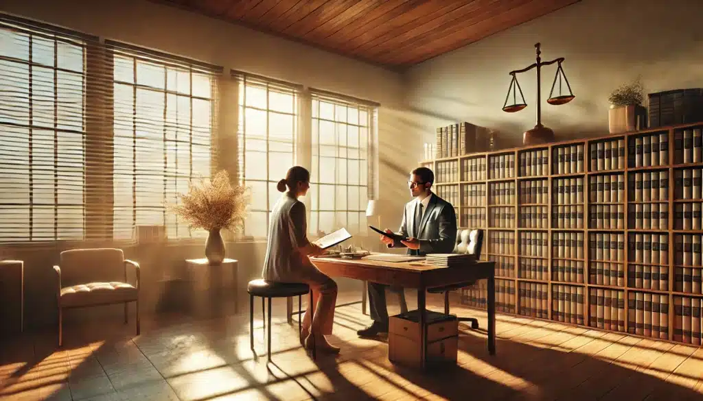 A photo-realistic, cinematic wide-angle image of a person consulting with an experienced family law attorney in a warm, professional office setting. The scene has a summer vibe, with soft natural light streaming in through large windows, creating an inviting and calm atmosphere. The attorney is engaged, holding documents, and explaining details, while the client listens attentively with a notebook. The office features organized shelves, a subtle Texas symbol or decor, and a comfortable seating arrangement, conveying trust and professionalism. The image should reflect warmth, confidence, and the supportive nature of working with an experienced attorney.
