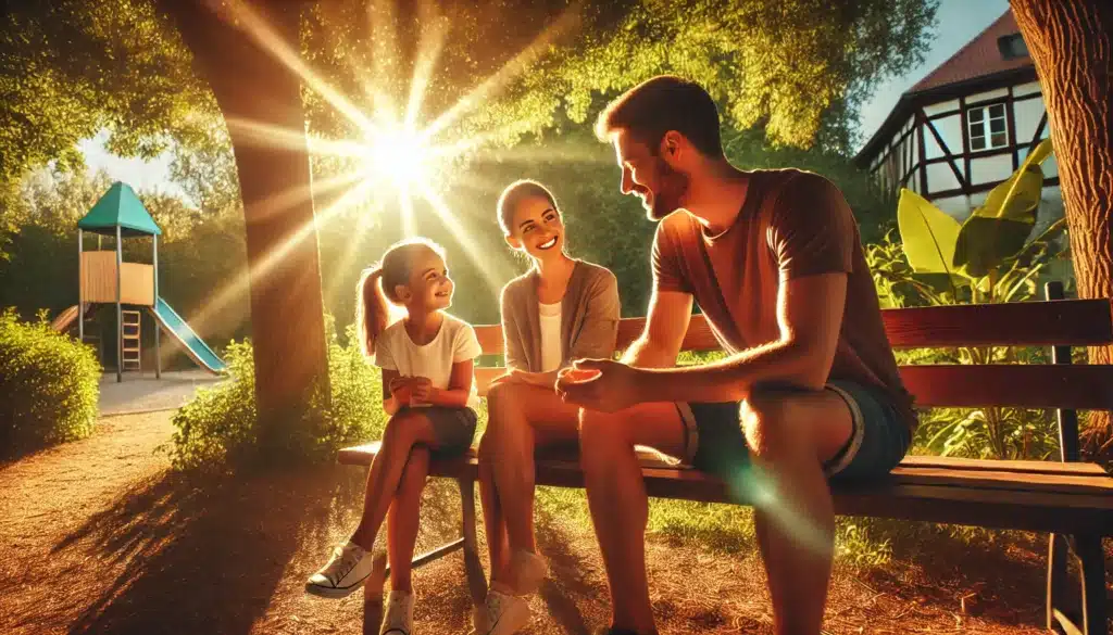 A wide-angle, photo-realistic, cinematic image with summer vibes, depicting strategies for introducing a new partner to a child. The scene shows a warm, sunlit park setting with a parent and their new partner thoughtfully sitting on a bench, smiling and engaging with the child who is happily playing nearby. Sunlight filters through trees, casting a friendly and inviting glow, reflecting a positive and caring approach. The image conveys a sense of ease and connection in a natural, summer environment. Ensure no cameras or equipment are visible in the image.