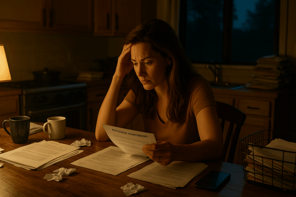 A woman sits at her kitchen table late at night, surrounded by coffee mugs and bills, reading a retainer agreement with concern.