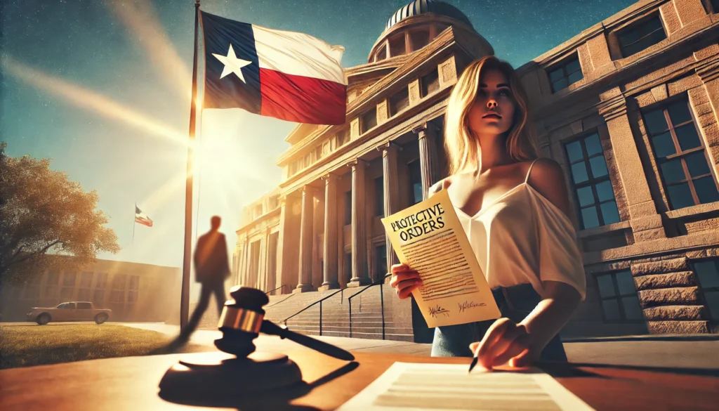A wide-angle, photo-realistic, cinematic scene with summer vibes. The image illustrates legal protections for victims of harassment and stalking in Texas, focusing on the concept of protective orders. It shows a courthouse with the Texas flag waving in the breeze, bathed in warm sunlight. In the foreground, a woman confidently holding a legal document stands near the courthouse steps, symbolizing empowerment through legal action. A subtle figure in the background, representing a stalker or harasser, is blurred to convey distance and separation. The scene feels peaceful yet strong, emphasizing justice and protection under Texas law.