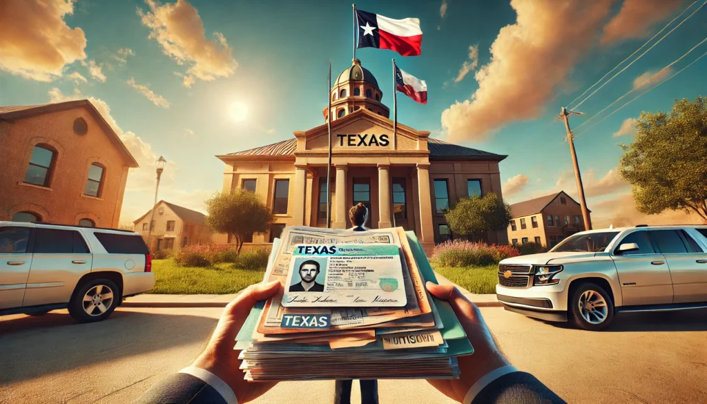 A cinematic, wide-angle, photo-realistic image with summer vibes that visually represents Texas divorce residency requirements. The scene shows a Texas courthouse with a clear blue sky and warm sunlight. In the foreground, a person holding a stack of legal documents, including a Texas driver's license and utility bills, stands confidently. The courthouse is adorned with a Texas flag, and the setting includes suburban Texas-style homes with brick exteriors and spacious lawns in the background. The mood is calm yet purposeful, symbolizing the structured yet personal process of meeting residency requirements for divorce.