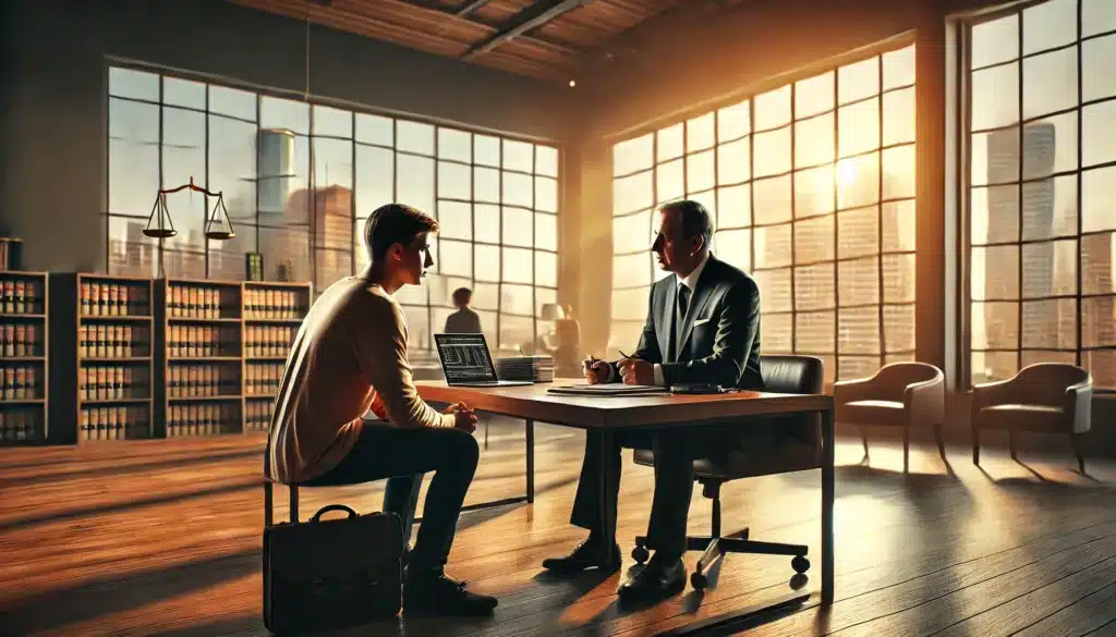 A cinematic, photo-realistic wide-angle image of a Houston child custody lawyer discussing case details with a client. The setting is a professional law office with warm summer lighting streaming through large windows. The attorney, dressed in formal attire, sits across from a concerned parent at a wooden desk filled with legal documents, a laptop, and a notepad. The parent, appearing anxious but attentive, listens intently. The background features a subtle view of a Texas skyline through the window, reinforcing the local setting. The scene captures a serious yet hopeful mood, emphasizing legal guidance and support.