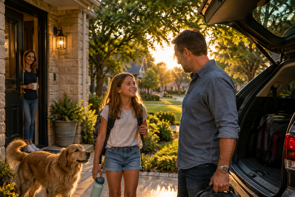 Father and daughter during a summer custody exchange outside a Texas home