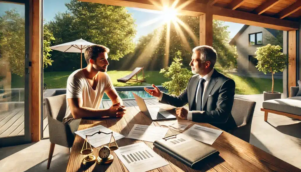 A wide-angle, photo-realistic, cinematic summer scene depicting a confident individual meeting with their attorney at an outdoor office patio. They are reviewing financial documents, bank statements, and asset protection strategies. The setting is bright and inviting, with sunlight filtering through trees, casting warm tones over the scene. A laptop, legal paperwork, and a notepad are on the table. The individual appears reassured, while the attorney provides guidance. In the background, a peaceful summer landscape adds to the optimistic atmosphere.