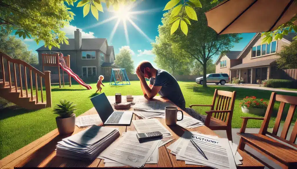 A wide-angle, photo-realistic, cinematic summer-themed image representing common challenges in navigating custody orders. The scene features a parent sitting at an outdoor table under a bright summer sky, visibly stressed, surrounded by scattered legal documents, a laptop, and a half-filled coffee cup. In the background, a child plays alone, reflecting the emotional complexity of custody issues. The setting includes lush green trees, sunlight filtering through leaves, and a suburban neighborhood, evoking summer vibes and a sense of realism.