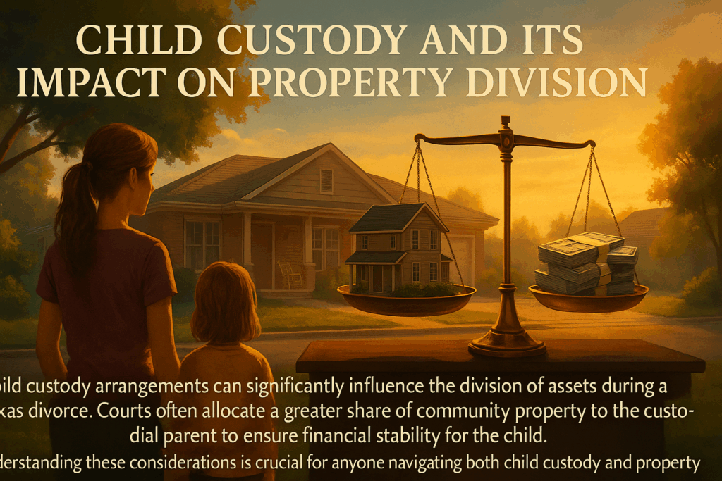 A cinematic, photo-realistic illustration of a mother and child standing in front of a suburban home at sunset, facing a large justice scale balancing a house on one side and stacks of money on the other. The image visually represents how child custody impacts property division in Texas divorce cases.