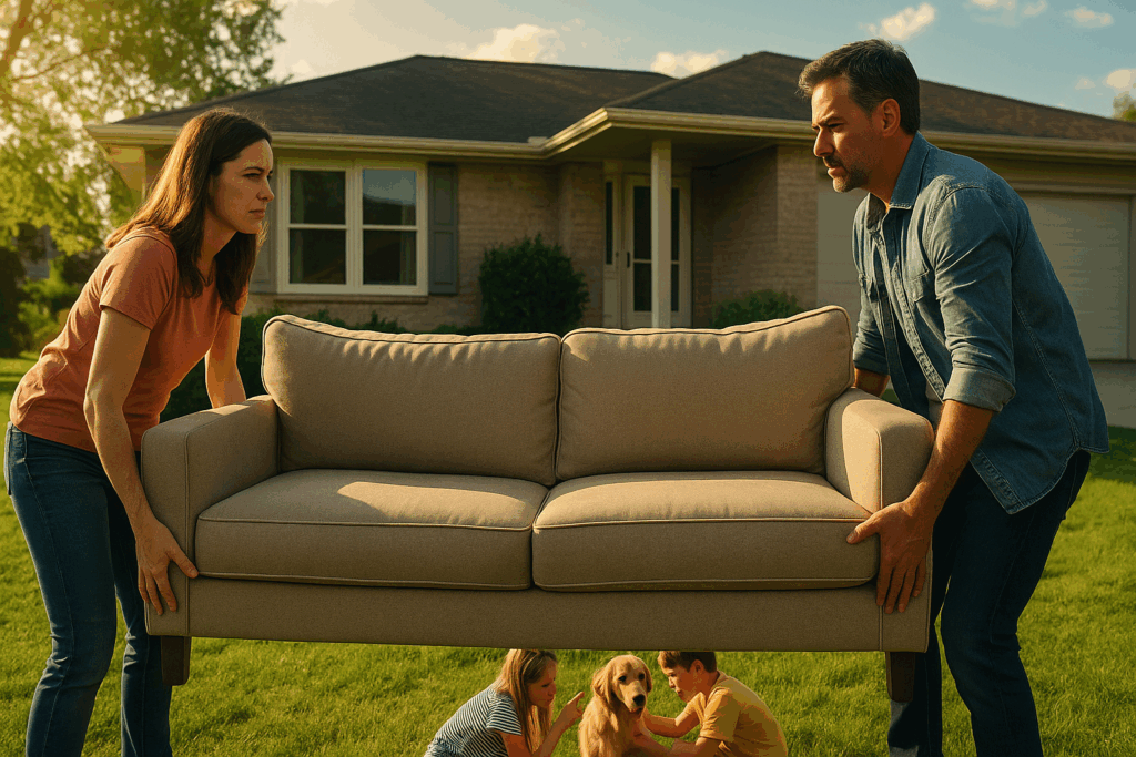 Divorcing couple carrying a sofa outside while children argue over a golden retriever on the front lawn during a summer afternoon