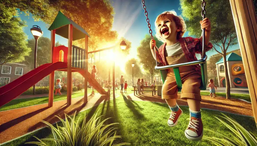 A wide-angle, photo-realistic, cinematic image of a child playing happily outdoors on a sunny summer day, symbolizing the positive impact of parenting time arrangements on children. The scene captures summer vibes with vibrant green grass, colorful playground equipment, and warm sunlight filtering through the trees. The child, wearing a bright and cheerful outfit, is laughing while playing on a swing or slide. The background features a peaceful park setting with families enjoying the day, creating an atmosphere of joy and harmony.
