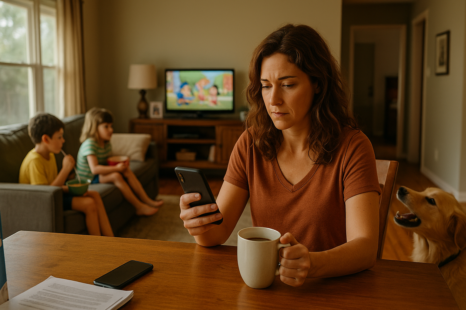 Mother sitting at kitchen table with coffee and phone while kids watch cartoons and eat breakfast, symbolizing family life and child support challenges.