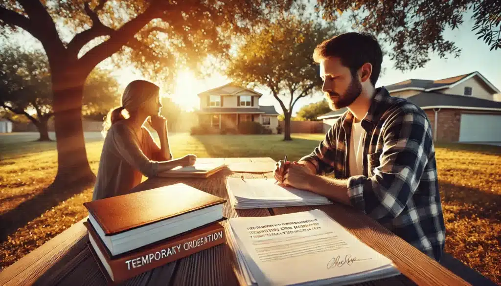 A cinematic, wide-angle, photo-realistic image portraying the theme of 'preparing for temporary orders mediation.' Set in a warm, Texas summer afternoon, the scene shows a calm, sunlit suburban park. A thoughtful couple sits on a picnic table with open notebooks and documents between them, preparing for an important conversation. The background includes a family home and soft, out-of-focus trees, creating a sense of family and stability. Golden sunlight filters through the trees, casting warm, gentle shadows, capturing a moment of focused preparation and reflection.