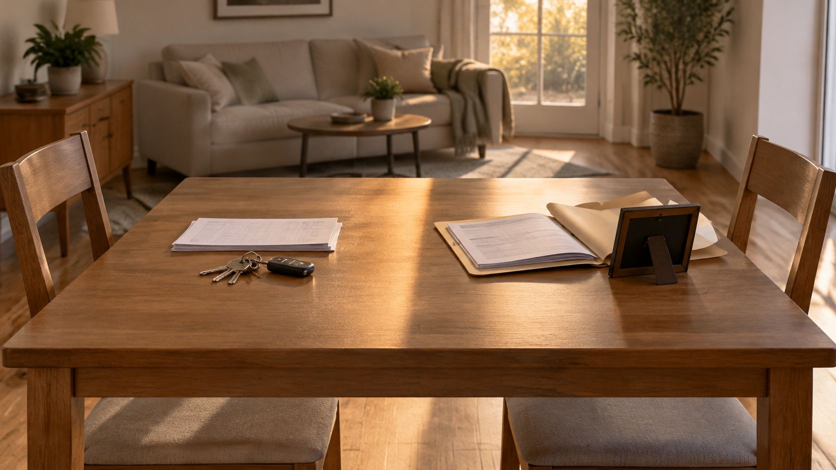 A wooden table in a sunlit living room featuring legal documents, keys, and a small picture frame.