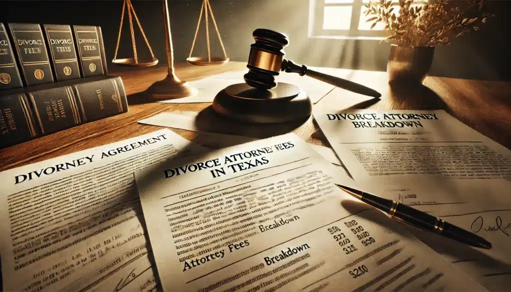 A cinematic, photo-realistic wide-angle image of a desk scattered with legal documents and a gavel representing divorce attorney fees in Texas. The image captures a professional yet dramatic summer vibe, with sunlight streaming in through a nearby window, casting soft shadows across the documents. The legal papers include elements like a 'Divorce Agreement' and 'Attorney Fees Breakdown.' A gavel sits prominently, symbolizing the legal process. The scene is immersive, evoking the seriousness and complexity of divorce law, with rich detail in the textures of the paper, wood, and subtle environmental elements.