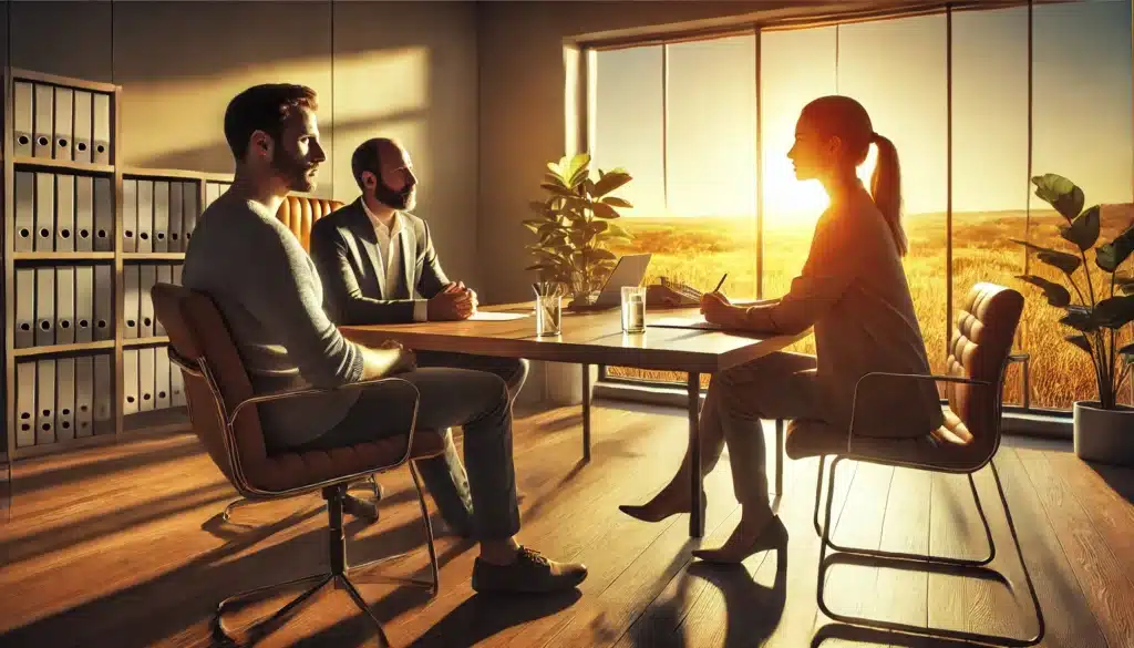 A cinematic, wide-angle, photo-realistic image illustrating the divorce mediation process in Texas on a warm summer day. A professional mediator sits at a conference table with a divorcing couple, calmly facilitating discussions. The couple appears engaged but serious, working through their issues in a structured environment. The setting is a bright office with large windows, allowing golden sunlight to stream in, overlooking a serene Texas landscape. The atmosphere is professional yet relaxed, emphasizing cooperation and resolution.