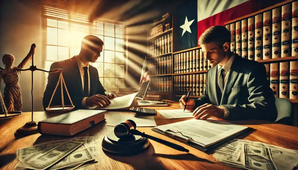 A cinematic, photo-realistic wide-angle image capturing legal strategies for successful reimbursement claims. A lawyer in a professional office reviews financial documents and legal paperwork with a client. Sunlight streams through large windows, casting a warm summer glow on the desk. In the background, a bookshelf filled with legal books and a Texas flag create an atmosphere of expertise and authority. The scene conveys determination, strategic planning, and legal precision, symbolizing the importance of strong legal strategies in reimbursement claims.