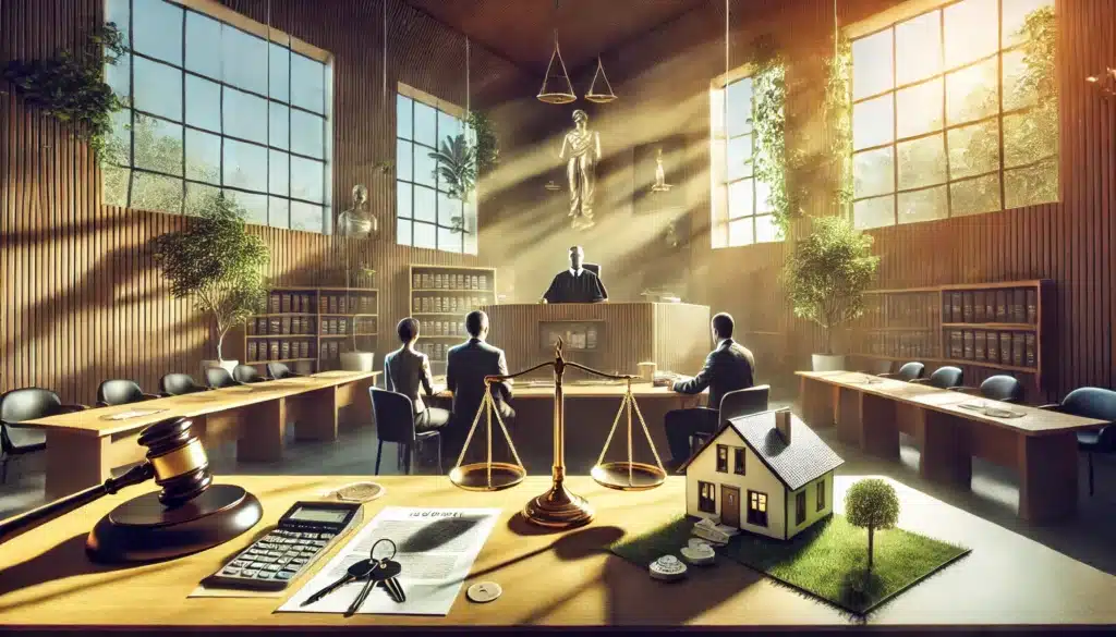 A wide-angle, photo-realistic, cinematic illustration of a courtroom scene where a judge is dividing assets and debts. The judge sits behind a bench, with documents and symbolic items like house keys, financial papers, and a scale of justice displayed on the desk. On either side, two individuals are seated, representing the division of assets. The background features large windows with bright summer sunlight streaming in, casting a warm glow over the courtroom. The atmosphere feels formal yet calm, with summer vibes and realistic details enhancing the scene.