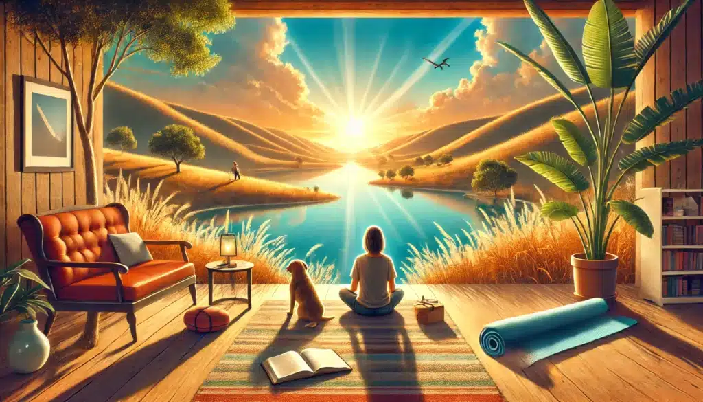 A wide-angle, photo-realistic, cinematic illustration with summer vibes depicting emotional support strategies for individuals facing divorce. The scene shows a serene Texas landscape with a person seated by a tranquil lake, engaged in self-reflection with supportive elements nearby, such as a journal, a comforting pet, and a yoga mat, symbolizing coping mechanisms like self-reflection, companionship, and mindfulness. The setting includes warm sunlight, open skies, and gentle hills, creating an inviting and hopeful atmosphere of emotional resilience.