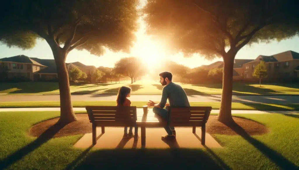 Wide-angle, photo-realistic, cinematic image with summer vibes. A peaceful outdoor scene showing a Texas parent and child sitting together on a park bench, engaged in a thoughtful conversation, symbolizing navigating child custody arrangements during divorce. The setting is warm and inviting, with sunlight filtering through nearby trees, casting a soft glow. The background shows a sunny Texas summer landscape with green grass and clear skies. The mood is calm and caring, capturing the focus on family support and stability during custody discussions.