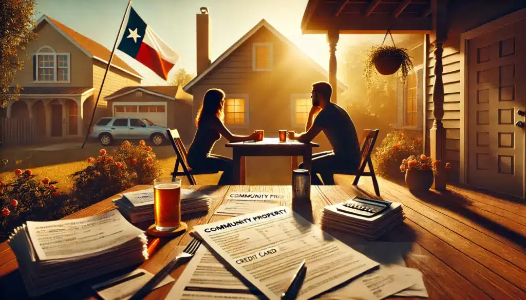 A cinematic, wide-angle, photorealistic image illustrating the concept of community property in a Texas divorce. A couple sits at a wooden table in a sunlit backyard, reviewing financial documents. Around them are visual symbols of debt: credit card bills, a mortgage contract, car loan papers, and a stack of receipts. The summer setting is warm and golden, evoking a tense yet reflective atmosphere. In the background, a Texas flag waves slightly in the breeze, reinforcing the legal context.