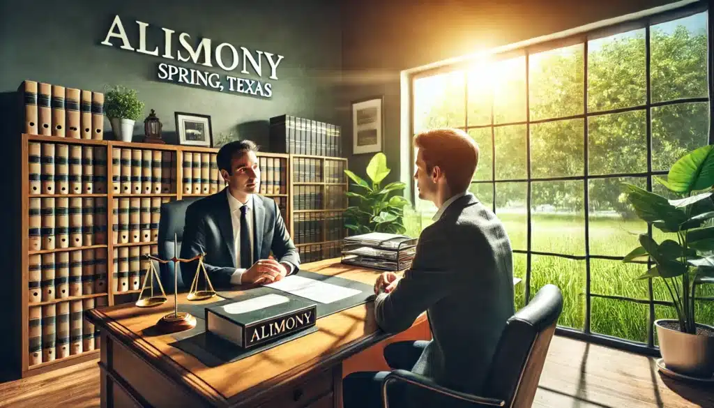 Wide-angle, photo-realistic, cinematic image with summer vibes, featuring an attorney's office in Spring, Texas. The scene shows a professional alimony attorney attentively assisting a client, with both sitting at a large desk covered in legal documents. The attorney has a reassuring demeanor, while the client appears engaged and relieved. Sunlight pours in through the office window, illuminating the space with a warm, summery glow. Outside the window, green foliage typical of a Texas summer can be seen. The overall atmosphere is supportive, professional, and welcoming.