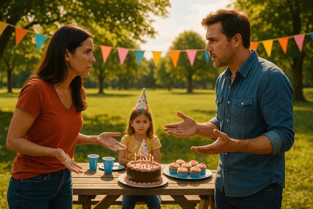 Divorced parents arguing at their child’s birthday party in a sunny park while the child watches quietly, showing co-parenting tension.