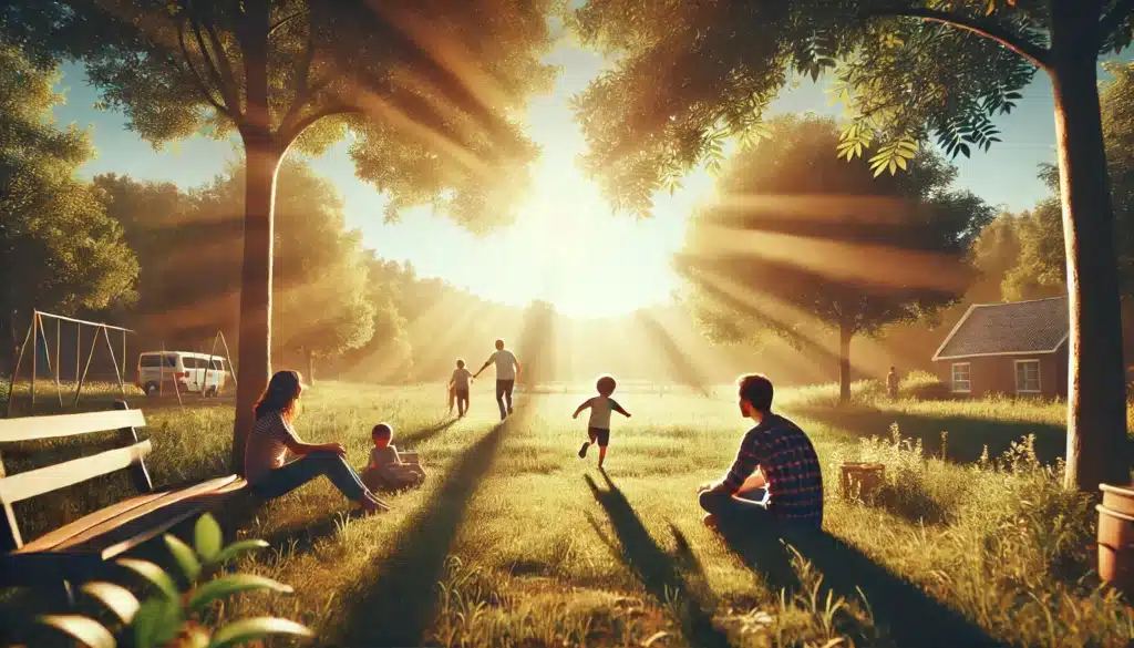 A wide-angle, photo-realistic, cinematic image with summer vibes that represents the 'Best Interest of the Child Standard' in custody cases, emphasizing child welfare. The image features a peaceful outdoor summer scene with a child playing in a bright, open field, surrounded by nature. Two parents are nearby, watching the child with care and support, symbolizing the collaborative focus on the child's well-being. Warm sunlight filters through the trees, creating a feeling of safety and warmth, reflecting the priority of ensuring the child's welfare. The scene captures harmony and positivity.