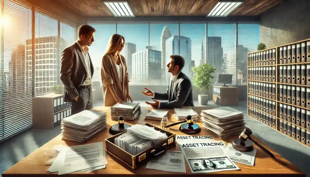 A photo-realistic, cinematic wide-angle image depicting the process of tracing assets acquired during the marriage in Texas. A professional office setting with legal documents, financial statements, and bank records spread across a large wooden desk. A Texas family law attorney and a forensic accountant are discussing asset tracing with a client, who looks concerned about financial division. The office has large windows revealing a sunny Texas cityscape, evoking warm summer vibes. The atmosphere is serious and professional, emphasizing the complexities of asset tracing in a Texas divorce.