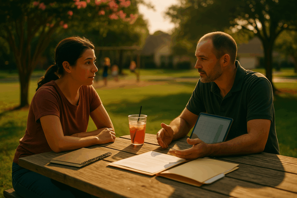 Parents discussing practical advice for child custody.