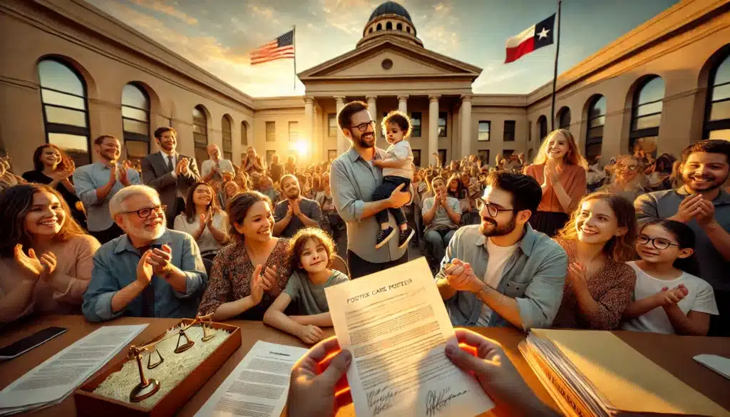 A wide-angle, photo-realistic, cinematic image capturing the foster care adoption process in Texas during a warm summer afternoon. The setting features a courthouse with a diverse, happy family holding adoption papers, celebrating with their newly adopted child. The scene is illuminated by golden-hour lighting, creating a heartfelt and emotional moment. The background includes supportive friends and social workers smiling, emphasizing the significance of this life-changing event.