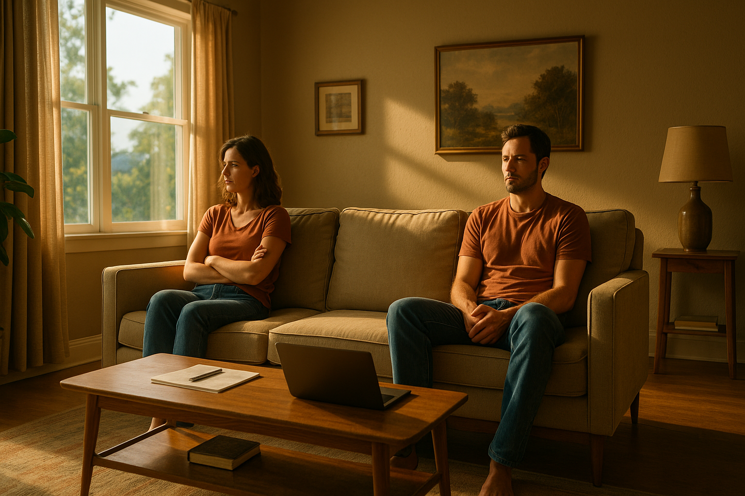 A couple sits quietly on opposite ends of their living room couch on a summer morning, reflecting on their decision to pursue an uncontested divorce in Texas.