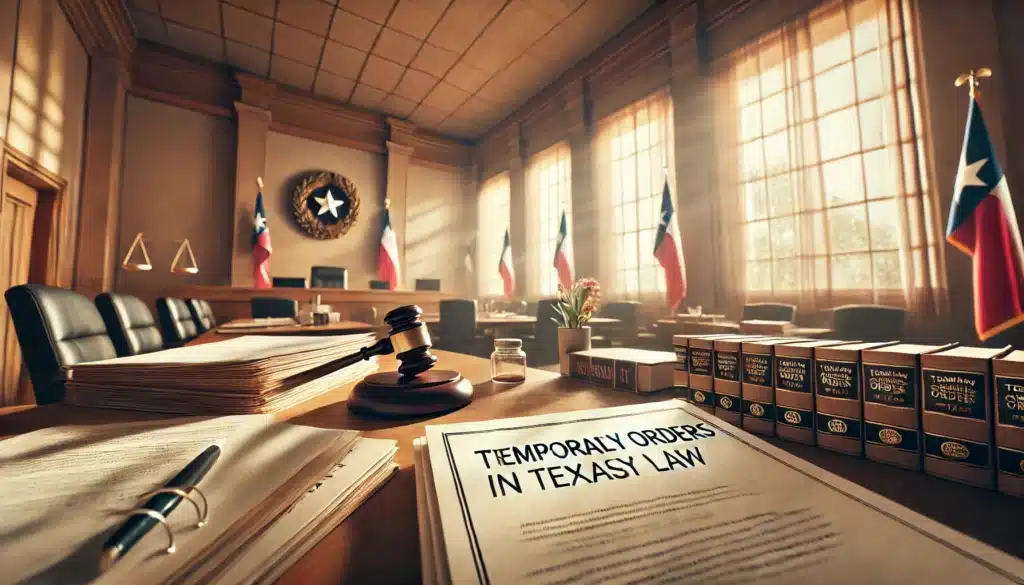 A photo-realistic, cinematic wide-angle image providing an overview of temporary orders in Texas family law. The scene is set in a courtroom with soft, warm summer light streaming in through large windows. Papers, legal documents, and a Texas flag are subtly visible in the background, creating a sense of official process and seriousness. The atmosphere is inviting yet formal, emphasizing the structure and importance of temporary orders in family law cases. The image should capture a blend of focus, warmth, and professionalism with a Texas summer vibe.