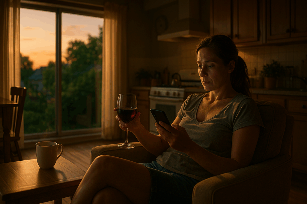 Parent sitting at home in the evening with wine and phone, stressed about child support disputes, symbolizing need for legal help