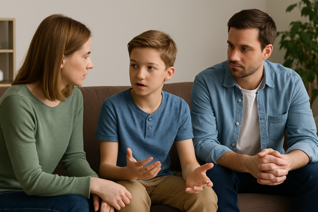 Child discussing living arrangements with parents during custody conversation, emphasizing emotional dynamics in child custody cases.