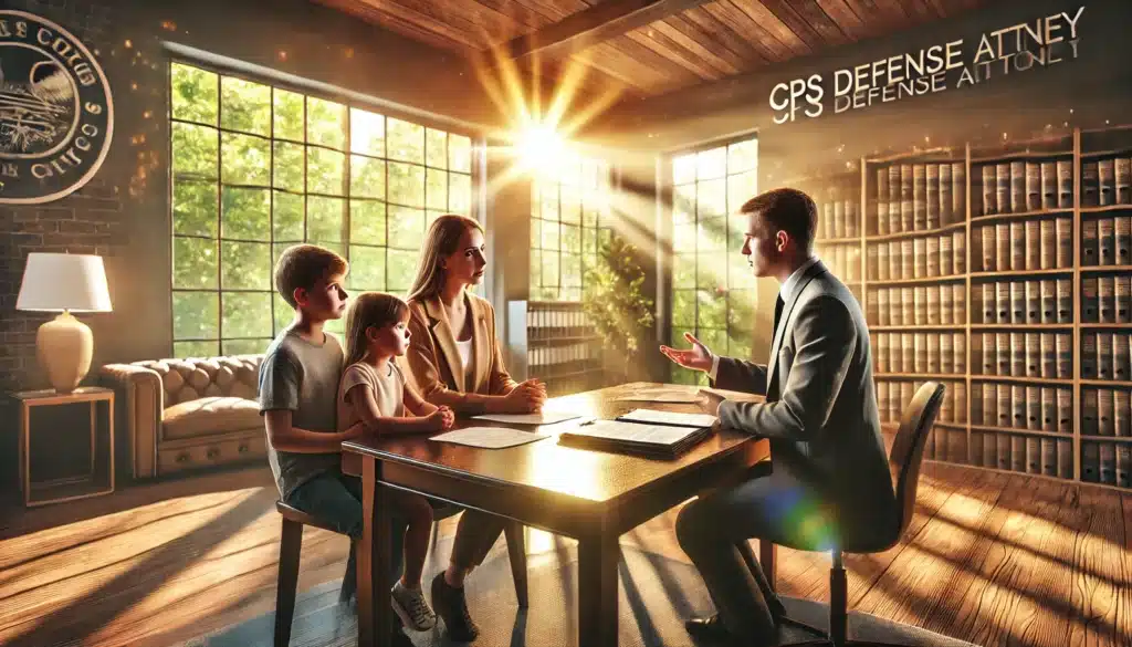 A cinematic, wide-angle, photo-realistic image of a family meeting with a CPS defense attorney in a professional office setting, discussing parental rights. The family is seated on one side of a polished wooden desk, with the attorney on the other side, gesturing and explaining legal documents spread out on the table. The background features large windows with bright summer sunlight streaming in, showcasing green trees and a warm, inviting atmosphere. The scene conveys professionalism, empathy, and hope.