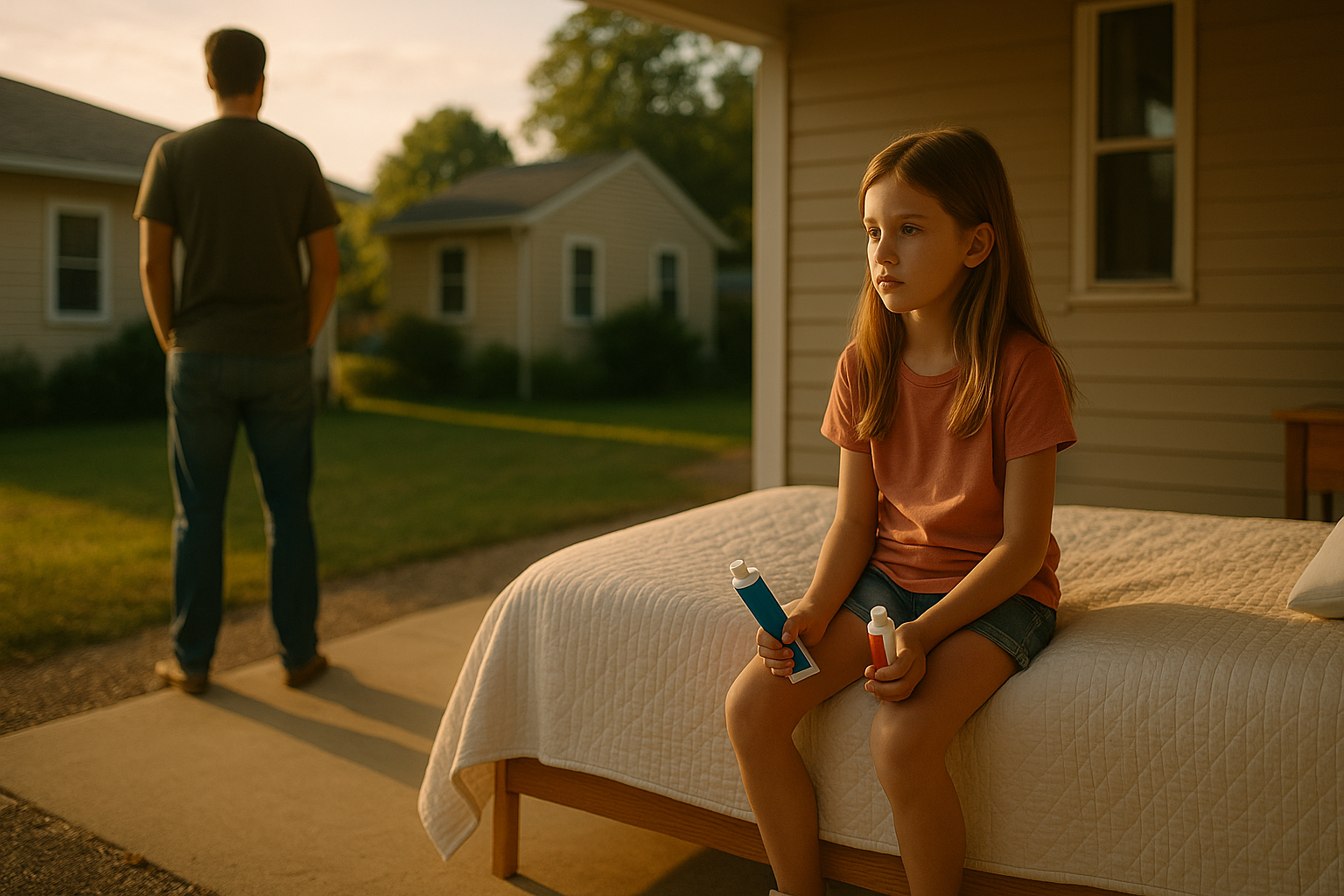 A father and daughter share a quiet moment outside their Texas home at sunset, symbolizing the emotional side of child support and family transitions.