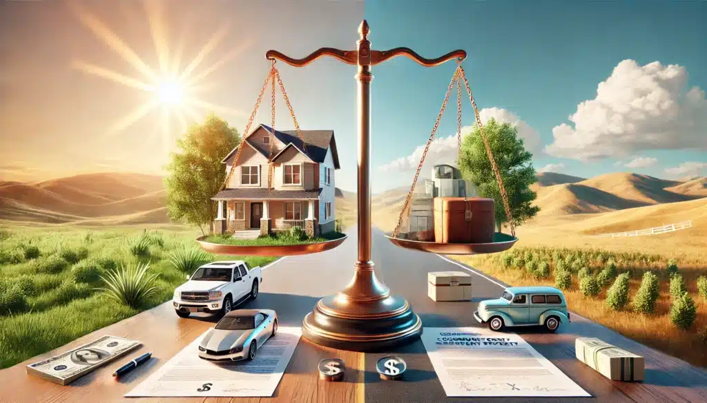 A wide-angle, cinematic, photo-realistic image with summer vibes, illustrating community property laws in Texas. The scene shows a balanced scale with two halves, one side with a house, car, and financial papers representing shared property, while the other side holds personal items like a family heirloom and a gift. The background features a bright sunny Texas landscape, symbolizing fairness and division under community property laws. The scene should evoke a sense of law and balance in a visually engaging way.