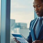 a confident legal consultant in a sleek, modern office navigates a digital tablet, showcasing a dynamic graph illustrating spousal support guidelines in texas against a backdrop of city skyline windows.
