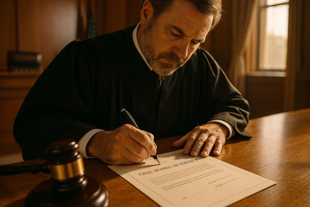 A final decree of divorce being signed by a judge.