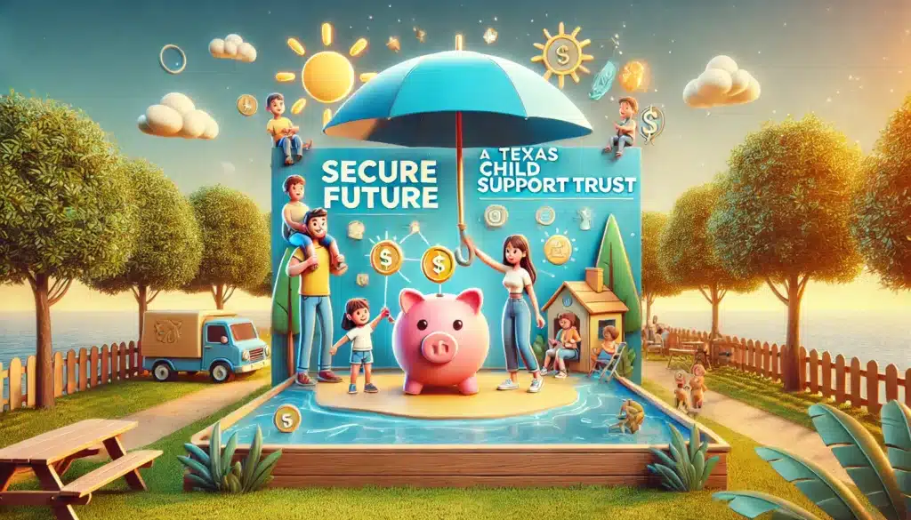 A wide-angle, photo-realistic, cinematic image with summer vibes illustrating a cartoon highlighting the advantages of using.The scene should feature playful cartoon-style elements with bright colors, showcasing benefits such as a secure future, financial stability, and protection for children. Symbolic characters, such as a happy family or a child holding a piggy bank under a protective umbrella, can be included to represent the idea of safeguarding financial support. Surround the scene with green trees, a sunny sky, and a warm, inviting summer atmosphere.