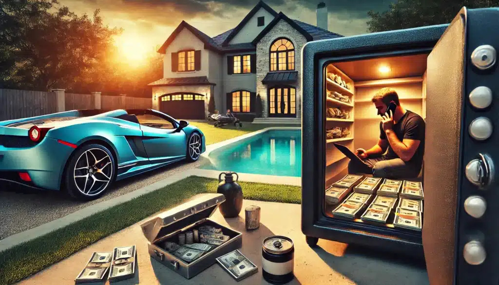 A cinematic, photo-realistic wide-angle image with summer vibes depicting hidden assets in a Texas divorce. The scene features a luxurious home, a high-end sports car in the driveway, and a safe slightly ajar filled with cash and financial documents. In the background, a spouse is seen on a phone, discreetly discussing financial matters, while another looks suspiciously at a laptop. The atmosphere hints at secrecy and deception, emphasizing concealed wealth in a divorce scenario.