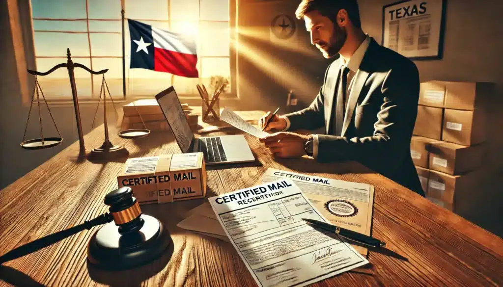 A cinematic, wide-angle, photo-realistic image with summer vibes. A confident lawyer sits at a wooden desk, reviewing a certified mail receipt alongside legal documents related to Texas family law. The desk is organized with a laptop displaying a successful delivery confirmation. Sunlight streams through a nearby window, casting a warm glow on the scene. A Texas flag and a judge’s gavel subtly appear in the background, emphasizing the legal context and successful service by certified mail.