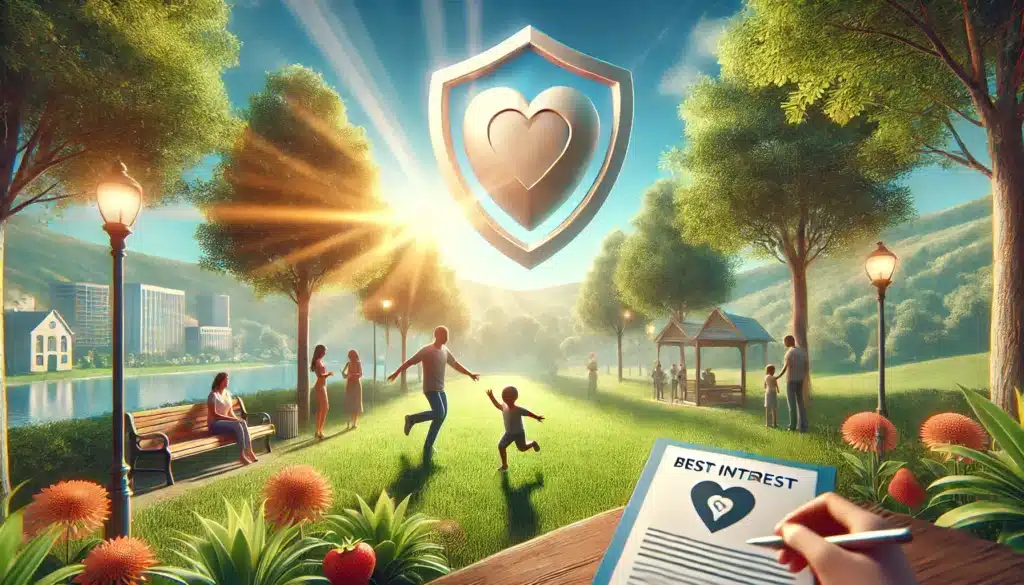 A wide-angle, photo-realistic, cinematic image with summer vibes illustrating the concept of emphasizing the best interests of the child in child support. The scene features a serene park with bright sunlight, showing a child joyfully playing under the care of their parents. In the background, symbolic elements like a heart-shaped shield and documents subtly represent protection and financial security. The overall atmosphere is peaceful and inviting, with green trees, blue skies, and a warm summer feel, reinforcing the idea that child support ensures the child's well-being and future stability.