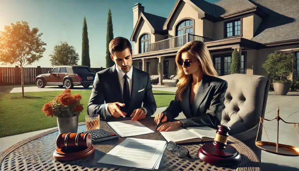 A cinematic, wide-angle, photo-realistic image set in the summer representing legal strategies for protecting assets during a divorce. A lawyer and a client sit at an elegant outdoor patio table, reviewing legal documents and financial statements. The client looks determined, while the attorney points at key sections of a document. In the background, a luxurious home and a car symbolize high-value assets under legal scrutiny. The scene conveys strategy, protection, and financial awareness. No cameras or text in the image.