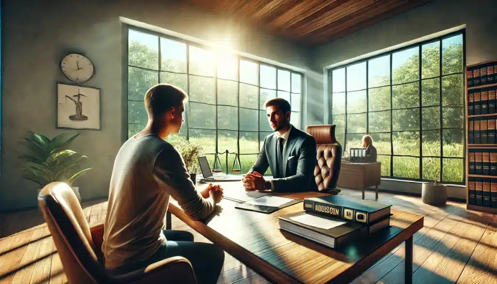 A wide-angle, photo-realistic, cinematic summer scene featuring an attorney discussing family law matters with a client. The setting is a modern office with large windows, allowing bright summer sunlight to stream in, creating a warm and welcoming atmosphere. The attorney is seated at a wooden desk with legal documents and a laptop open. The client sits across from them, attentively listening. Outside the window, lush green trees and a blue sky are visible, adding to the relaxing summer vibes. The interaction is professional but friendly, highlighting trust and collaboration.