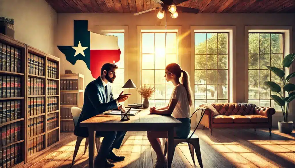 A wide-angle, photo-realistic cinematic image with summer vibes, capturing a scene where a parent consults with an experienced family law attorney about sole custody. The setting is a bright, professional law office with a warm and inviting atmosphere. Sunlight streams in through large windows, illuminating a desk where legal documents are laid out. The attorney is attentively explaining, while the parent listens, emphasizing the importance of legal guidance. Texas symbols or subtle references are in the background, reflecting the Texas context. No text or camera equipment visible.
