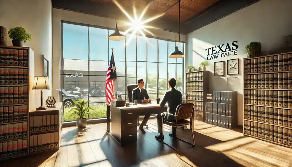 A wide-angle, photo-realistic, cinematic image set in a Texas law office on a sunny summer day. The office has large windows letting in bright natural light, with a lawyer seated at a desk talking to a client about custody cases. On the desk are legal documents, a computer, and a cup of coffee. In the background, you can see a shelf with law books and a Texas flag subtly visible through the window. The overall vibe is professional yet welcoming, with a summer atmosphere. The setting represents a discussion about custody lawyer costs in Texas.