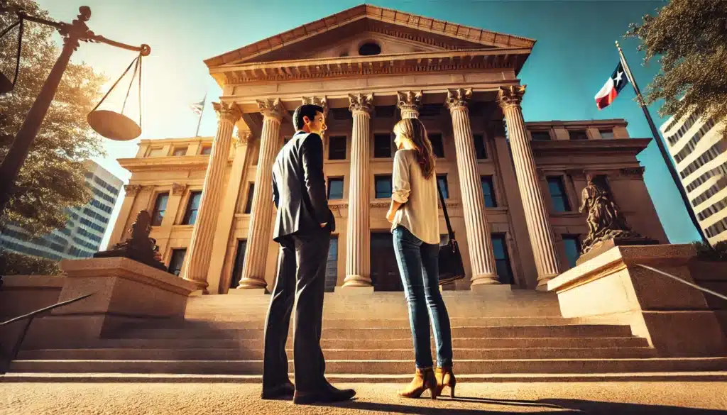 Wide-angle, photo-realistic, cinematic image with summer vibes depicting a Texas family law attorney meeting with a client outside a courthouse. The scene captures the attorney and client standing together on the courthouse steps in warm, bright sunlight, symbolizing partnership and guidance. The attorney appears confident and professional, while the client is engaged, listening attentively. Classic courthouse architecture with pillars is visible in the background, adding to the seriousness of the setting. Clear blue skies and warm lighting convey an inviting yet respectful atmosphere. No text, camera equipment, or additional props.