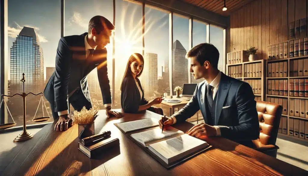 A wide-angle, photo-realistic cinematic image with summer vibes, depicting a professional office where a family law attorney and a financial advisor are consulting with a divorcing client. The attorney, in a sharp suit, is pointing to legal documents on a polished wooden desk, while the financial advisor shows investment charts on a laptop. The client, appearing thoughtful, listens attentively. Sunlight streams through large windows, casting a warm glow on the room. A Texas cityscape is visible in the background, symbolizing legal and financial planning for a stable future.