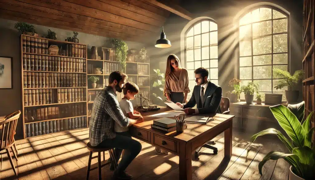 A photo-realistic, cinematic wide-angle image of a Tomball family law attorney assisting a family in a professional yet welcoming office setting. The attorney is seated at a large wooden desk, showing legal documents to a family of three—a couple and their teenage child. The atmosphere conveys summer vibes with sunlight streaming through large windows, casting warm, natural light. The room includes shelves filled with books, green plants, and cozy yet professional decor, emphasizing a supportive and trustworthy environment.
