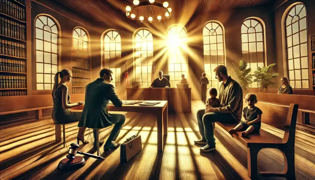A wide-angle, photo-realistic cinematic image with summer vibes, depicting the impact of adultery on child custody considerations. A tense courtroom scene shows a concerned parent sitting across from their attorney, while the judge reviews custody documents. In the background, a child sits on a bench with a social worker, looking uncertain. Sunlight streams through the large courtroom windows, casting a dramatic yet warm atmosphere.