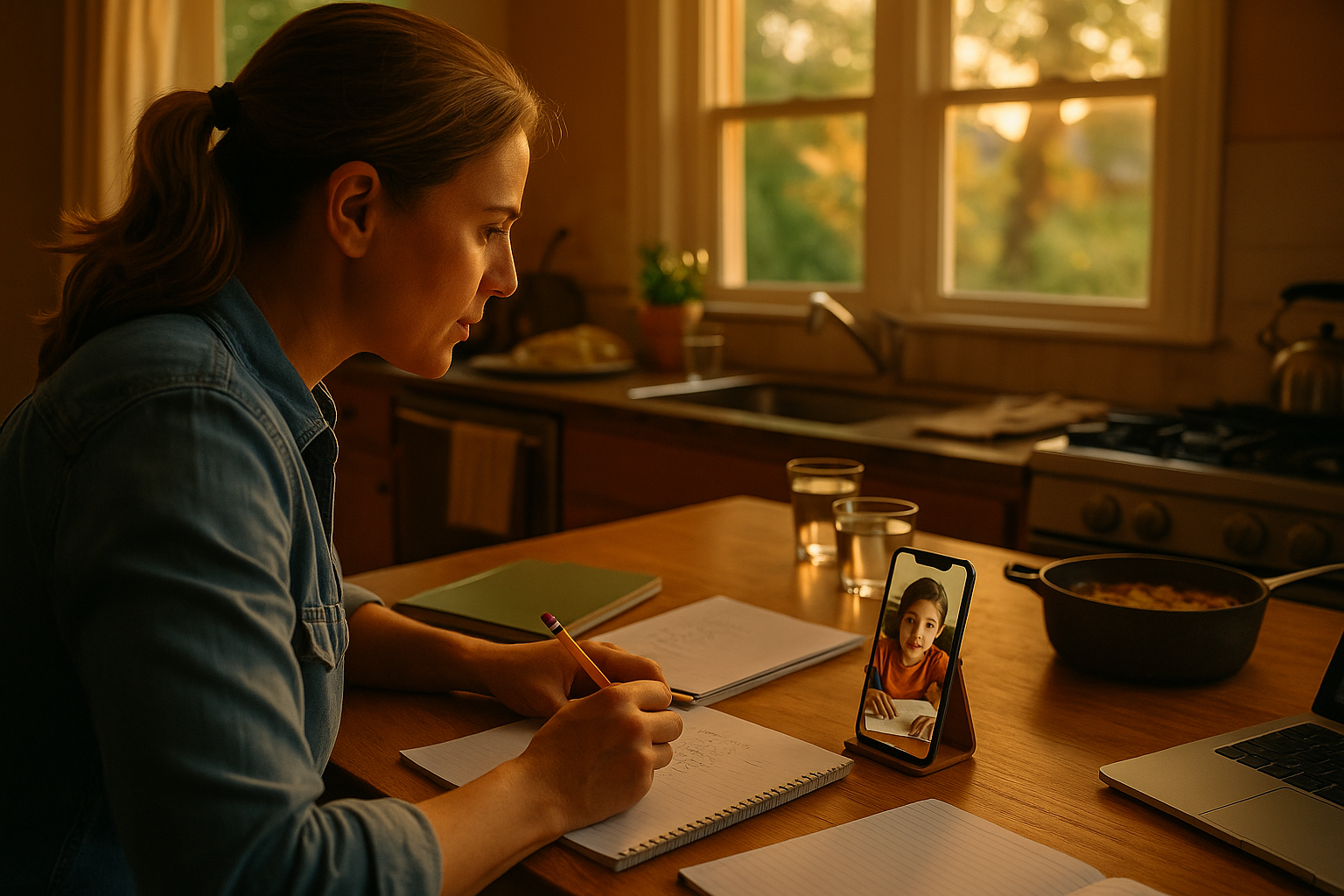 A non-custodial parent in a warm Texas kitchen helps their child with math homework over FaceTime while multitasking work and dinner.
